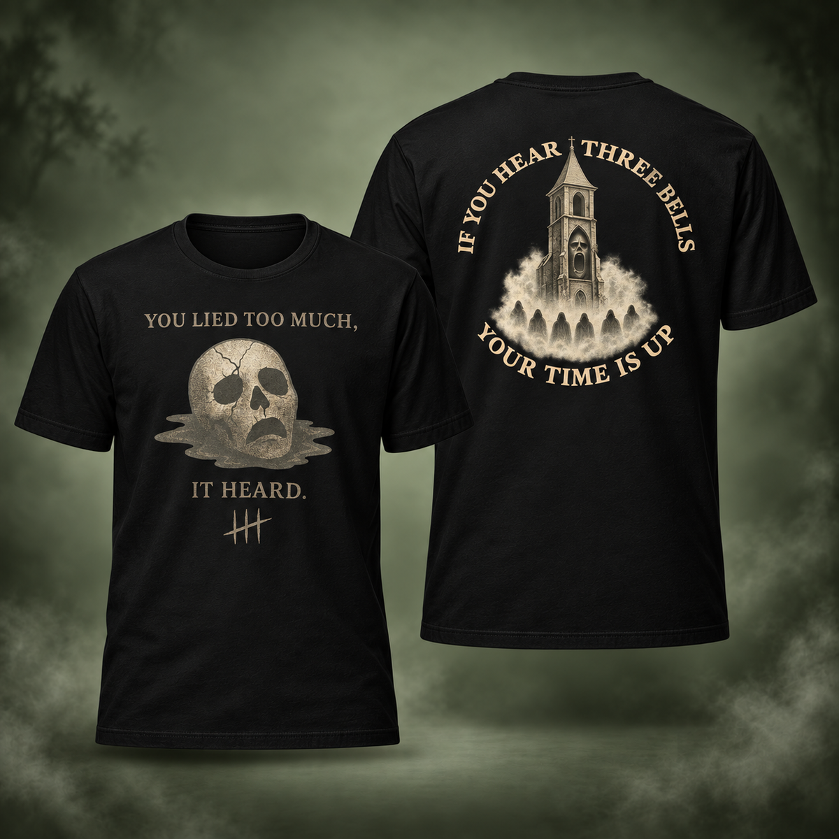 Three Bells Double-Sided Tee front and back with updated artwork on misty green