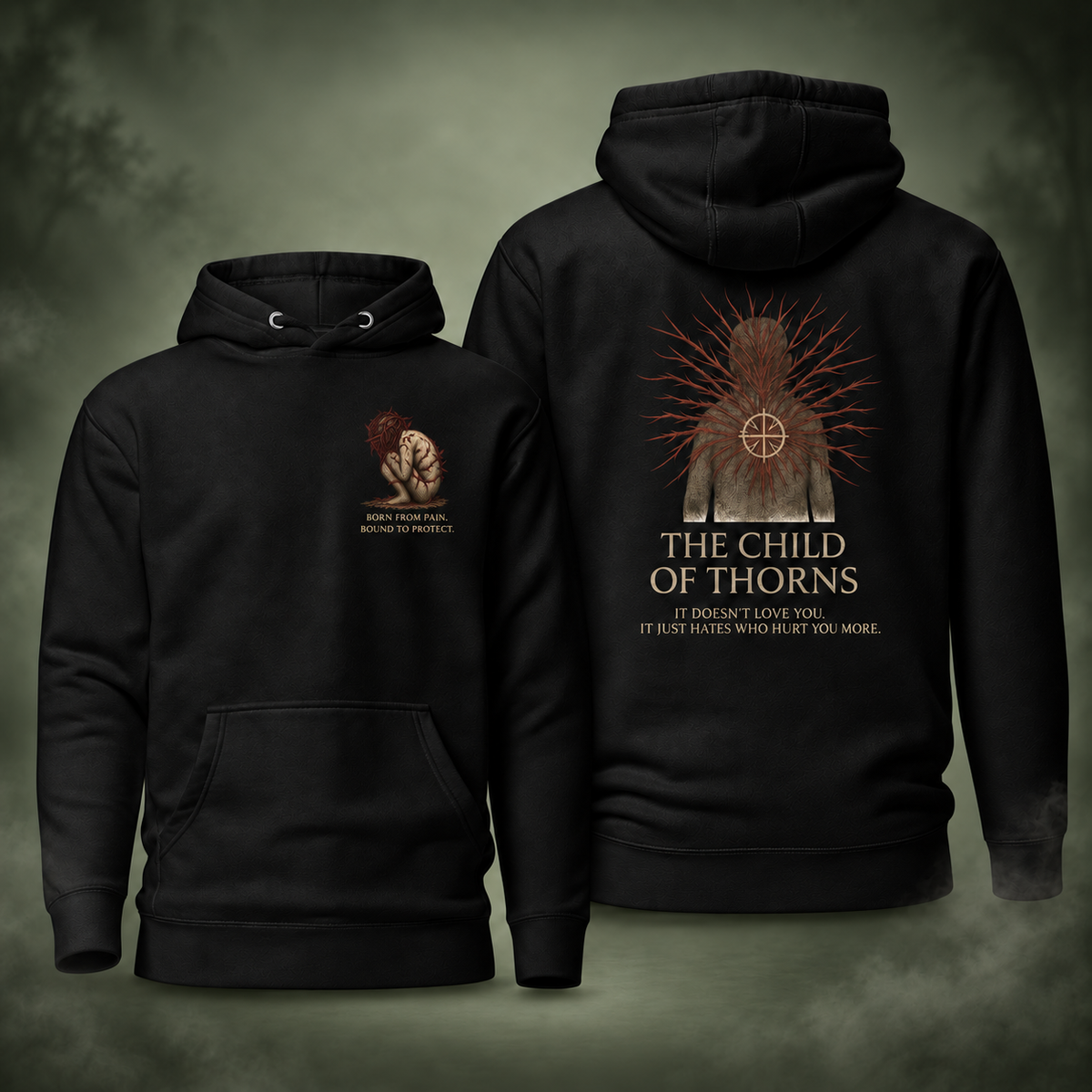The Child of Thorns Premium Hoodie front and back with updated artwork on misty green