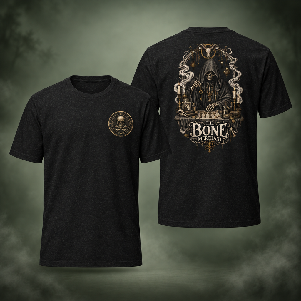 The Bone Merchant T-Shirt front and back on a misty sage green background