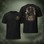 The Bone Merchant T-Shirt front and back on a misty sage green background