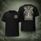 Angel Encounter T-Shirt front and back on a misty sage green background