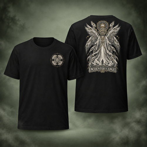 Angel Encounter T-Shirt front and back on a misty sage green background