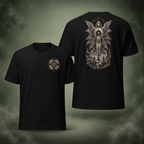 Angel Seal T-Shirt front and back on a misty sage green background