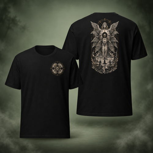Angel Seal T-Shirt front and back on a misty sage green background