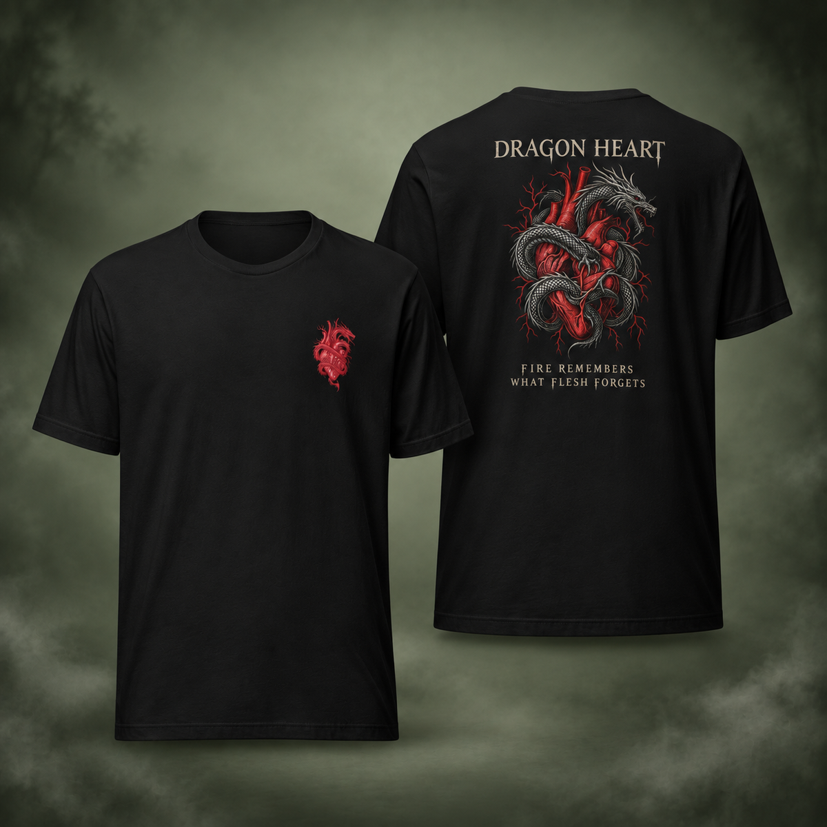 Dragon Heart T-Shirt front and back on a misty sage green background