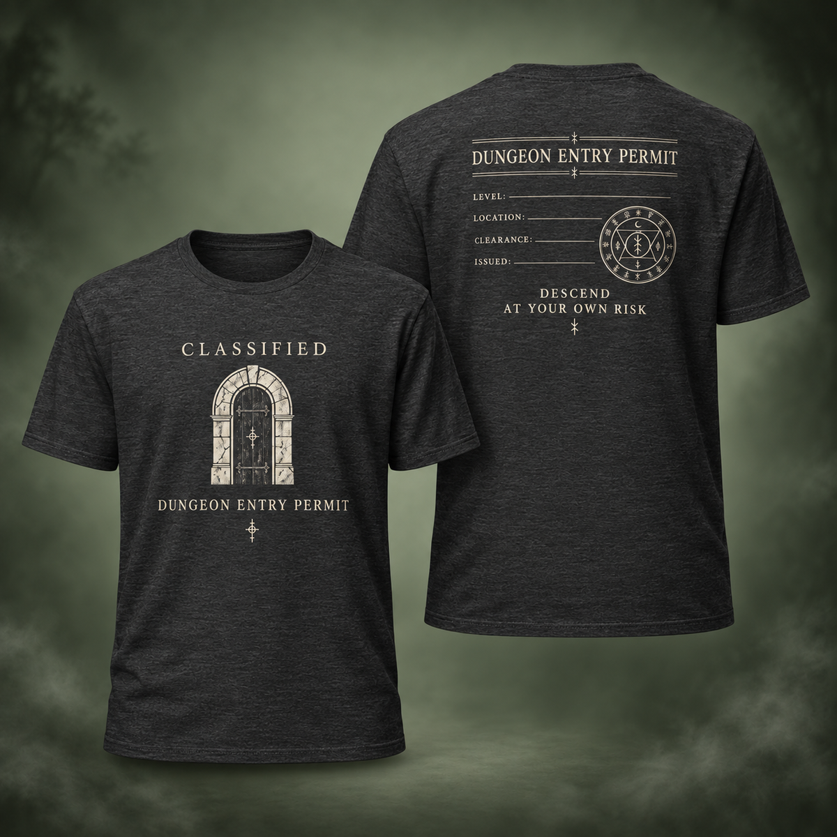 Dungeon Entry Permit T-Shirt front and back on a misty sage green background