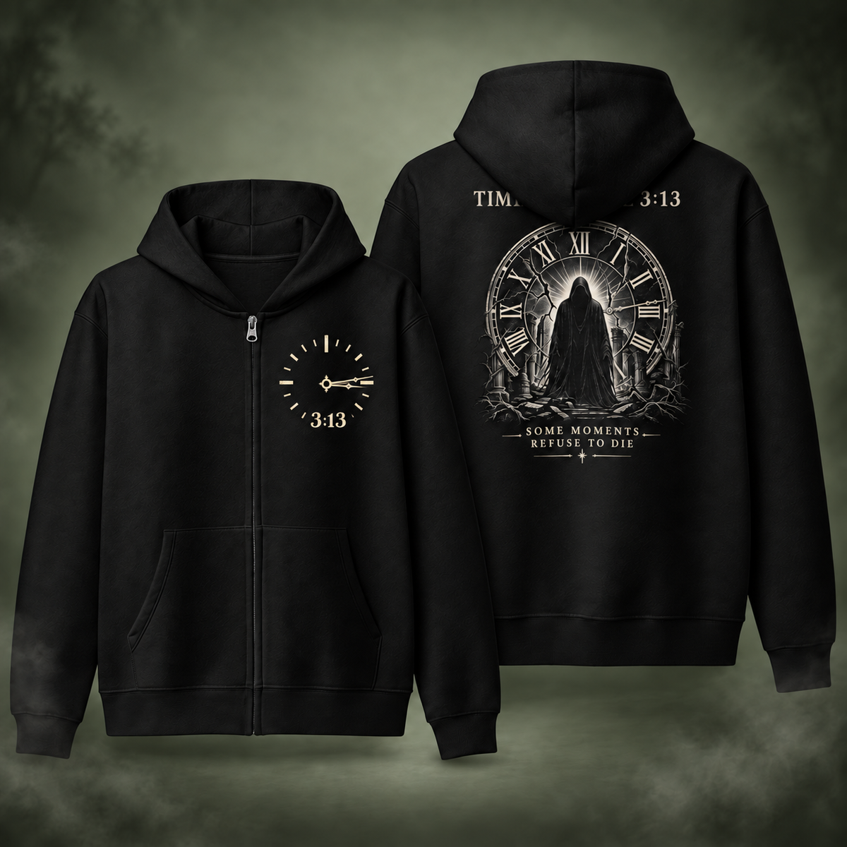 Time Stopped at 3:13 Zip Hoodie front and back with updated artwork on misty green