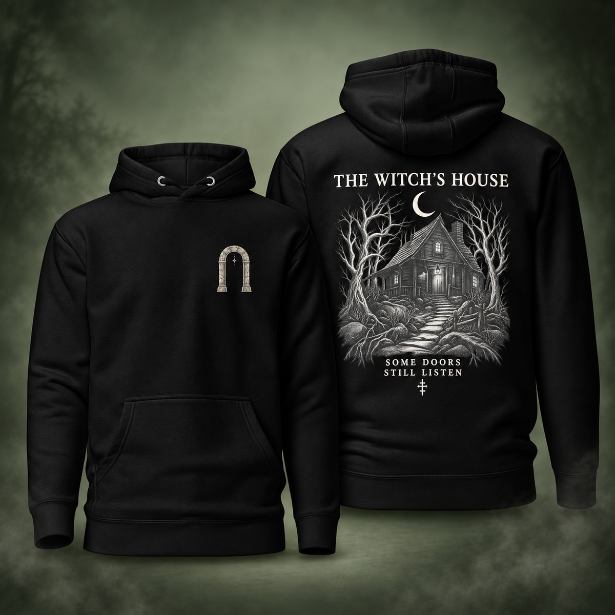 The Witch’s House Hoodie front and back on a misty sage green background