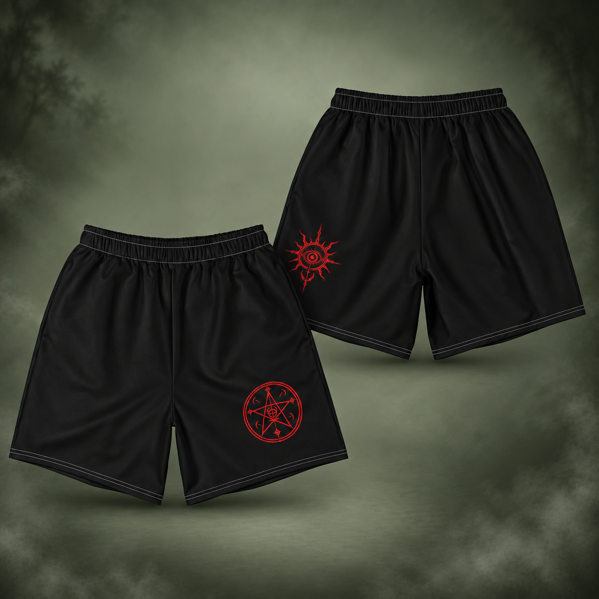 Ritual Mesh Shorts front and back on a misty sage green background