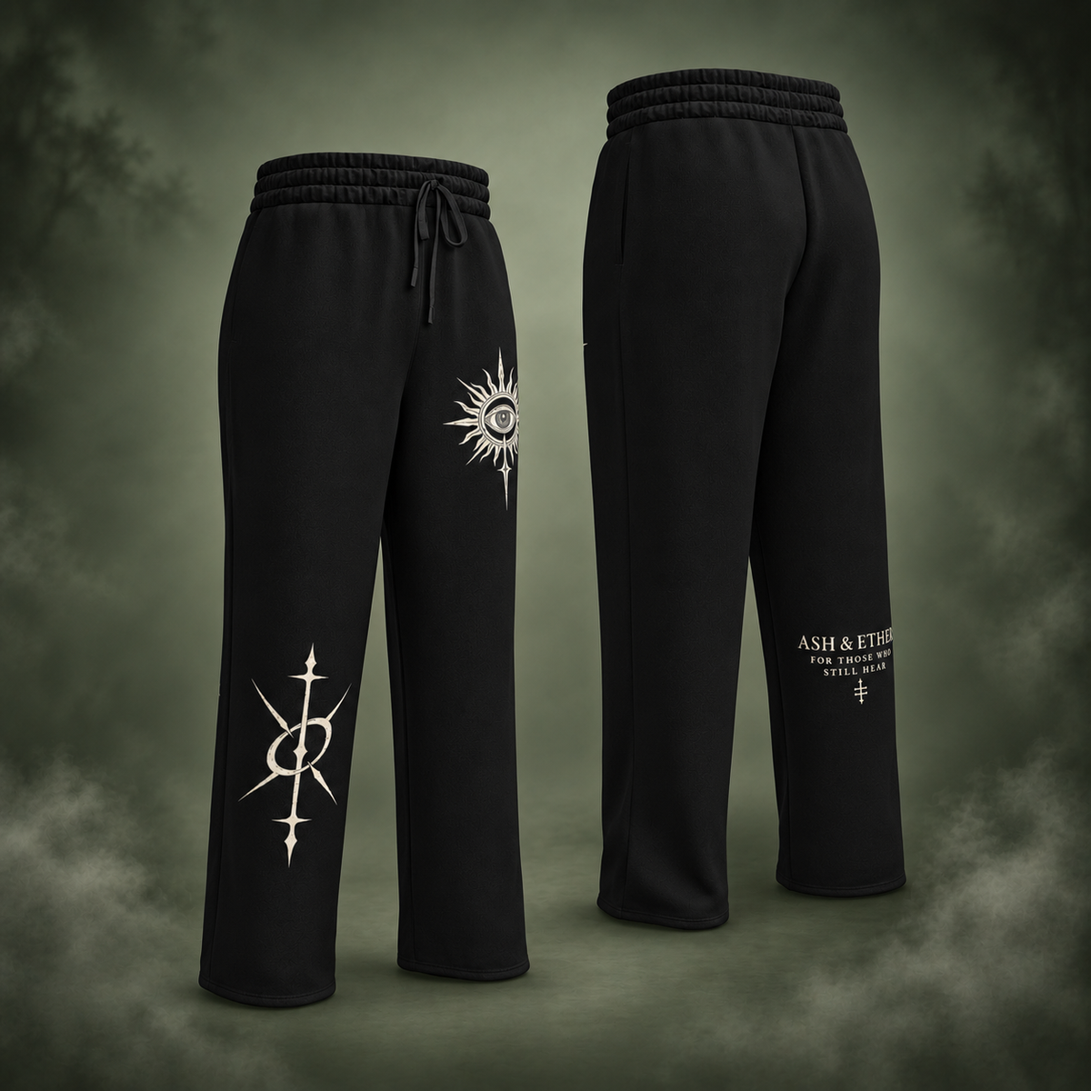 For Those Who Still Hear Wide-Leg Joggers front and back on a misty sage green background