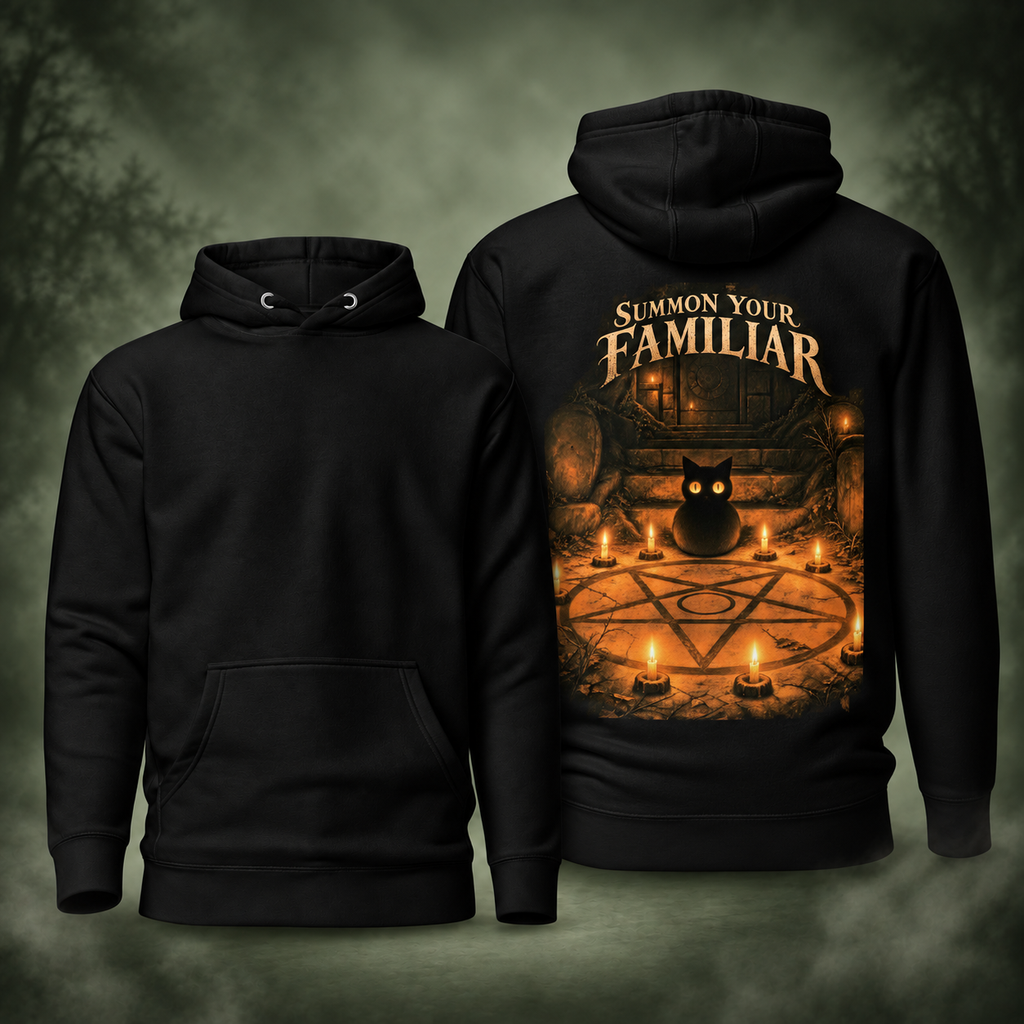 Summon Your Familiar Hoodie, printed back and plain front on misty sage