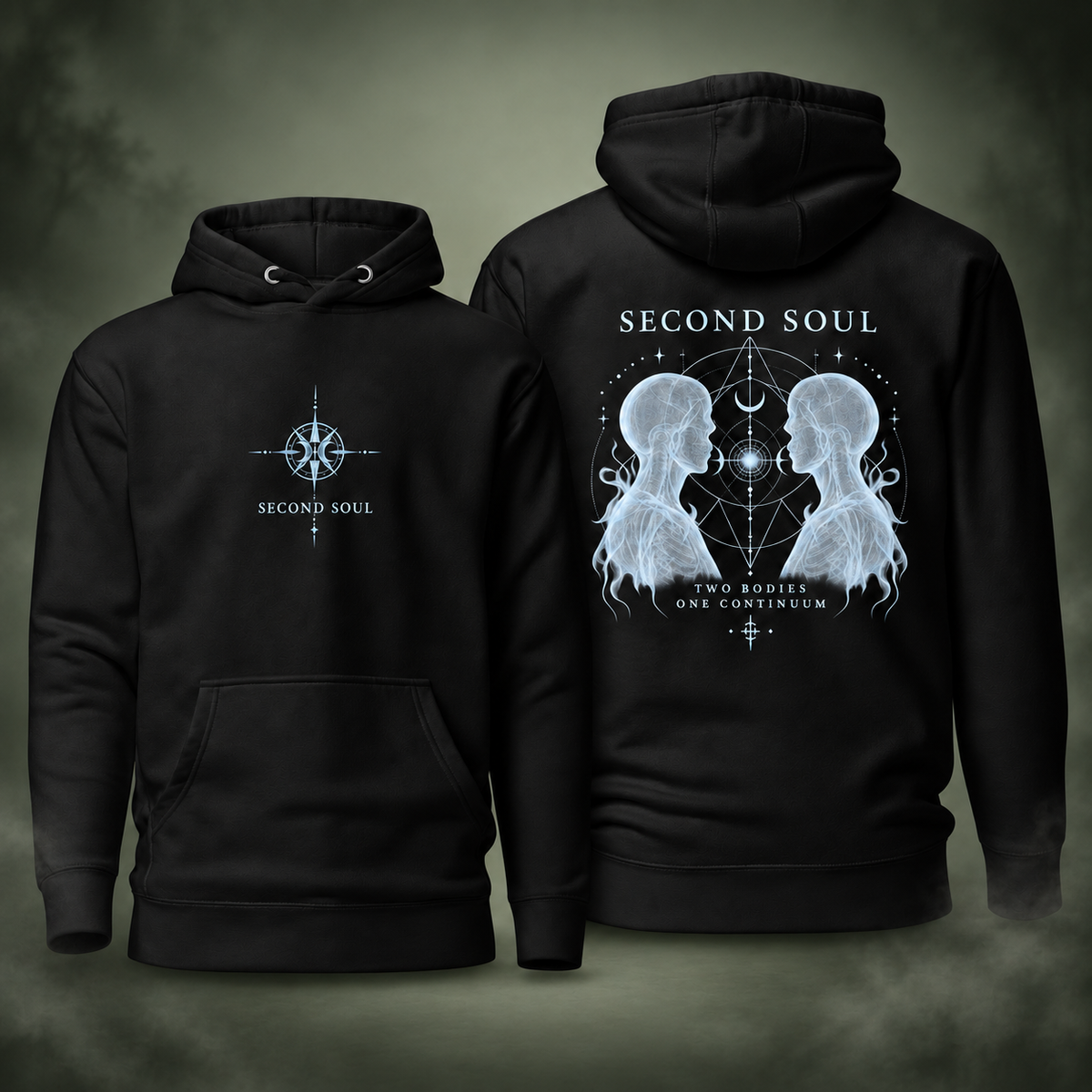 Second Soul Hoodie front and back on a misty sage green background