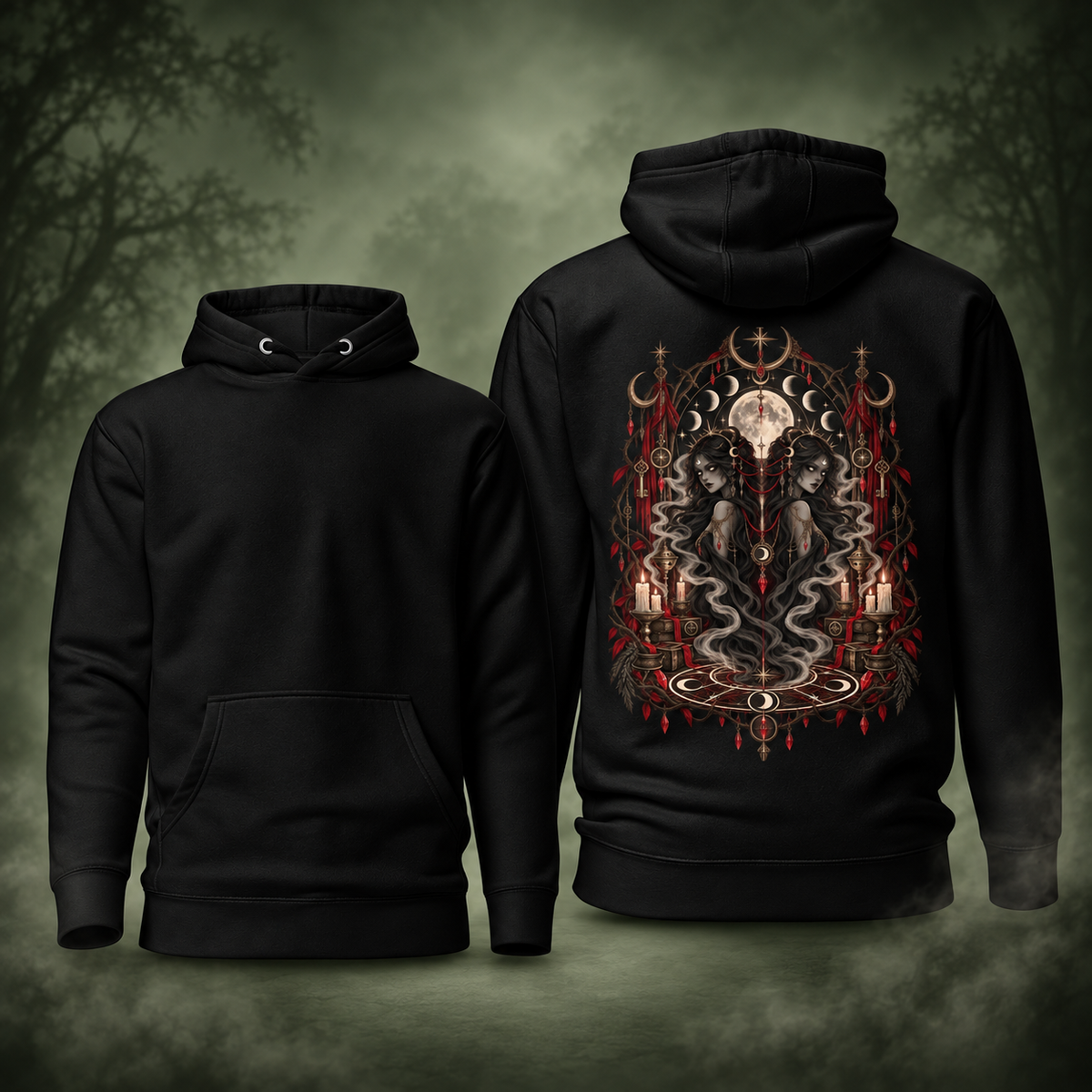 Twin Sisters Hoodie, printed back and plain front on misty sage